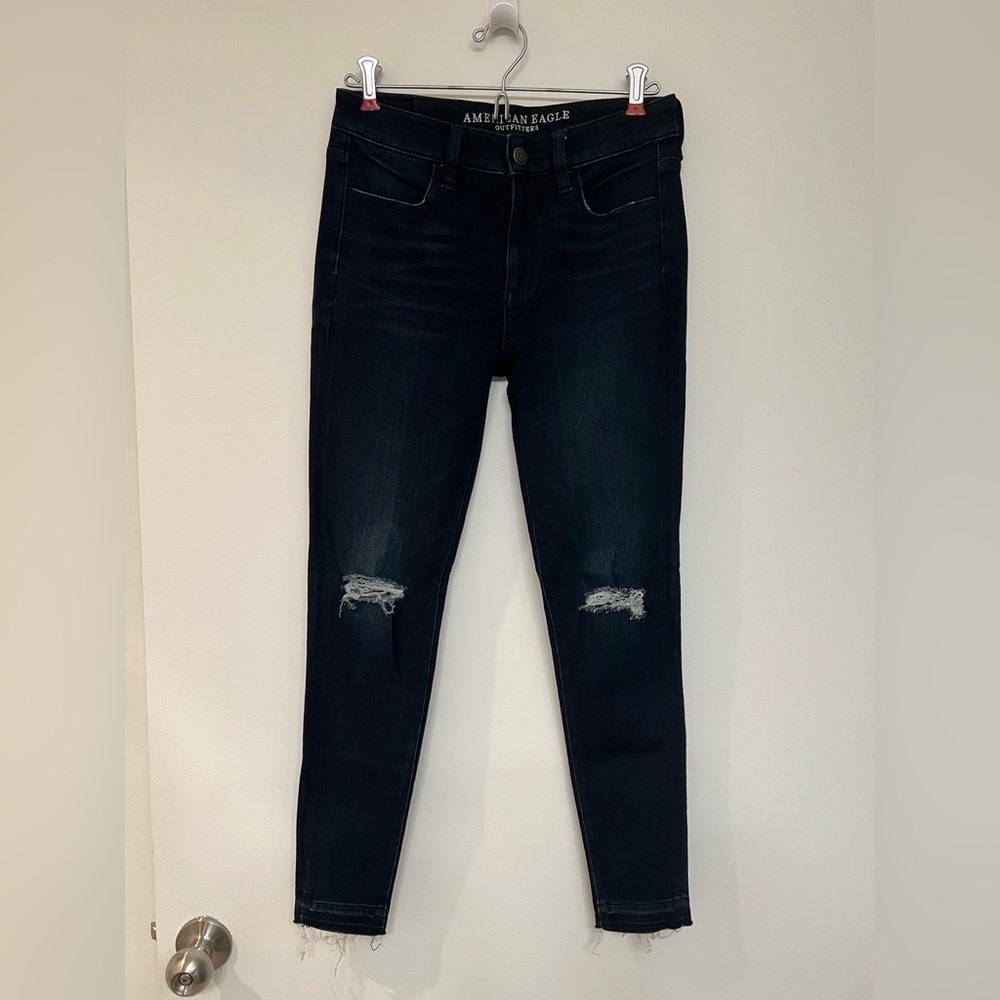 Dark Blue Ripped Skinny Jeans with Raw Hem